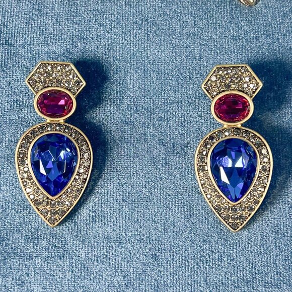 Handmade Jewelry - Blue Crystal Drop Earrings, Red Crystal Drop Earrings, Gold Royalty Earrings